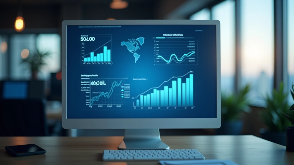 Makroökonomische Daten und Grafiken auf Computerdisplay in modernem Büro
